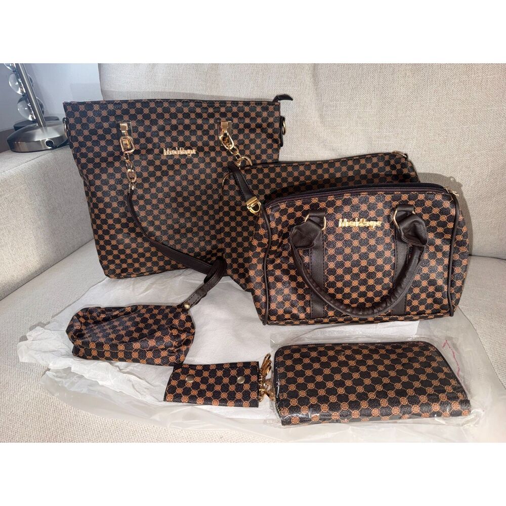 Miel & Yoe Brown Monogram 5 Piece Handbag Set – Tote, Purse & Wallet